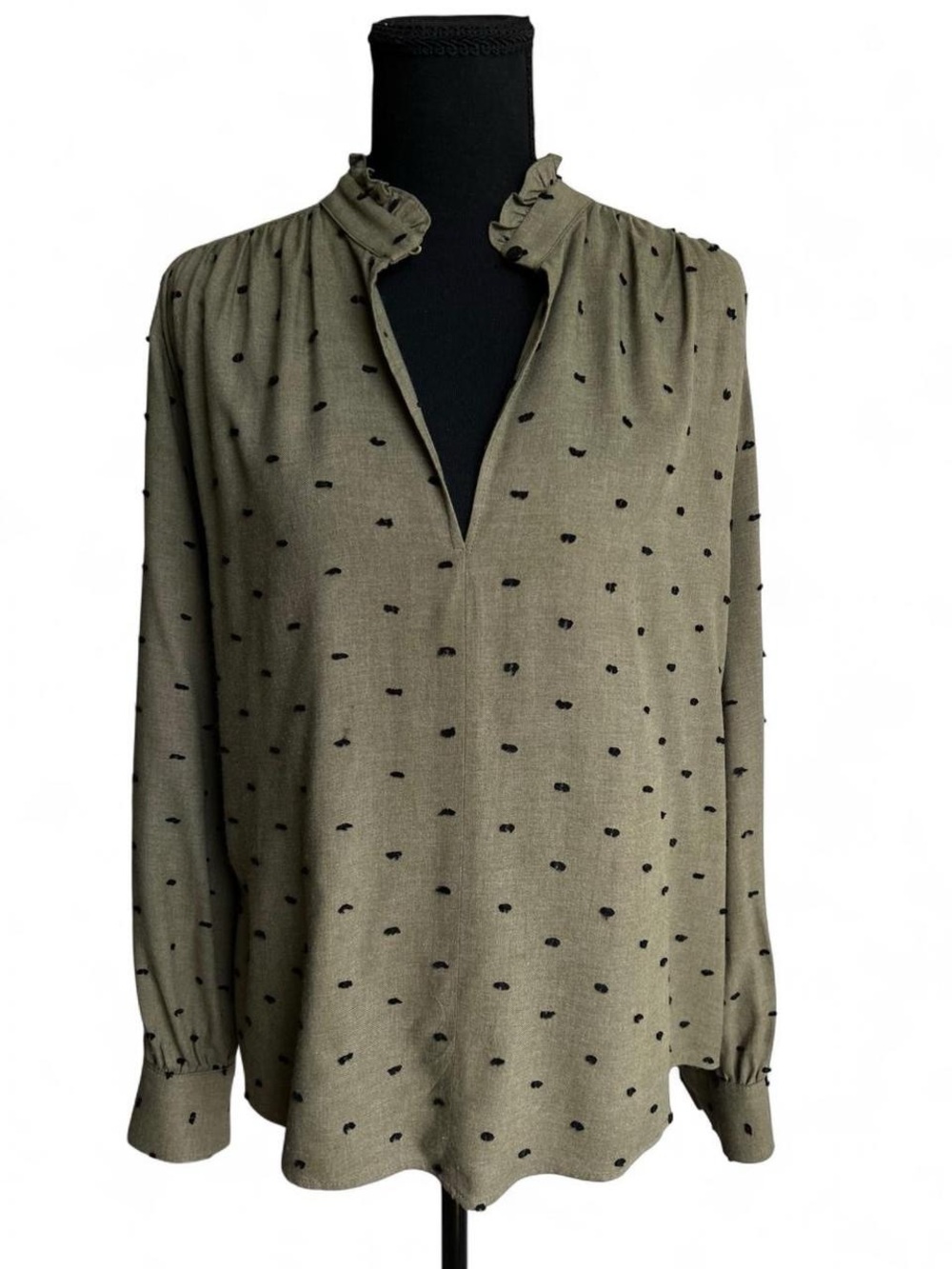 Olive Dot Blouse Ruffle Collar ZARA Textured Z1975 Size Medium